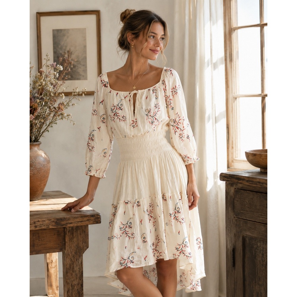 Fig and Flower Embroidered Smocked Boho Midi Dress Medium Cottagecore
